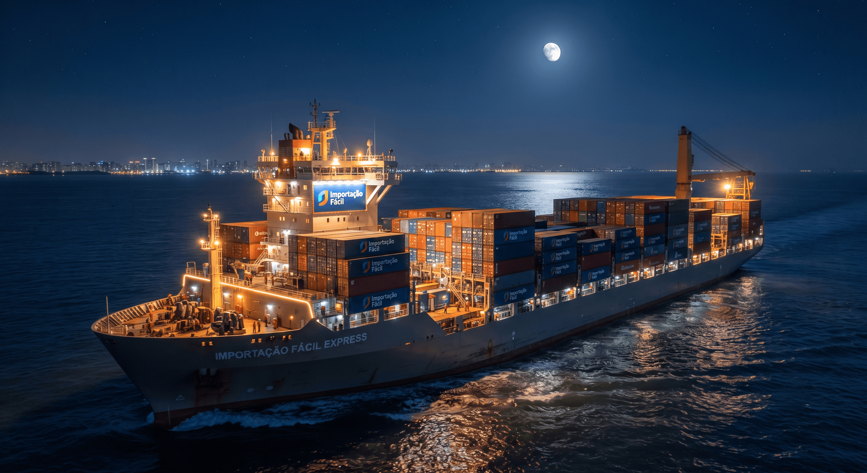 Navio de carga com contêineres no mar, representando o comércio internacional