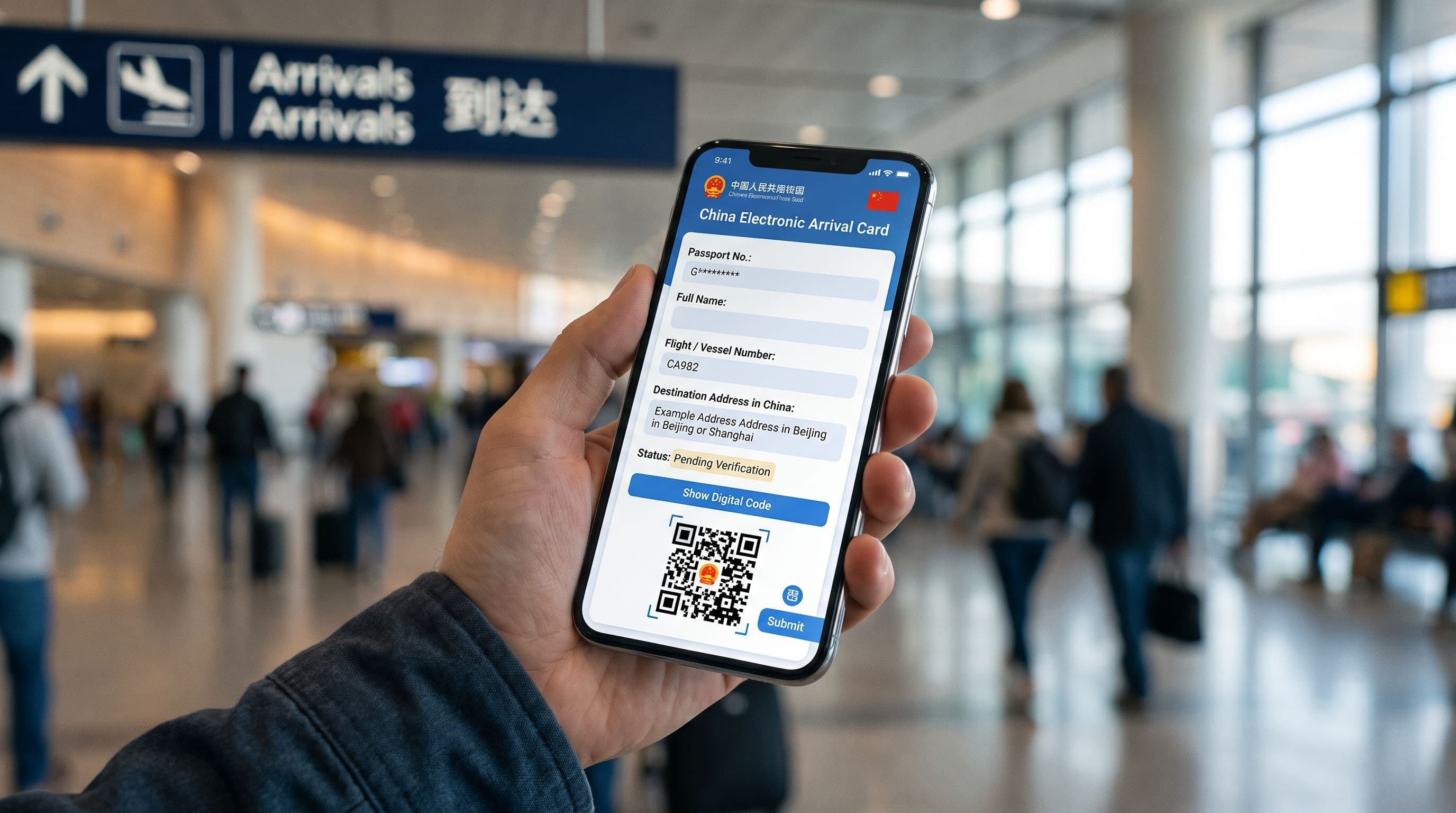 Mão segurando um smartphone exibindo a tela do Cartão de Entrada Eletrônico da China (Arrival Card) com um QR Code de imigração, no saguão de desembarque de um aeroporto internacional.